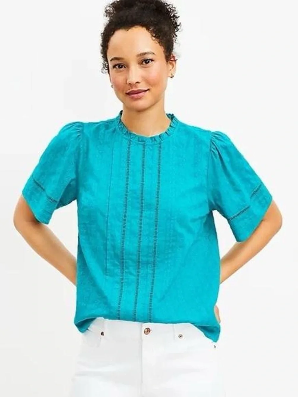 LOFT Turquoise Short Sleeve Pintuck Top - Women's